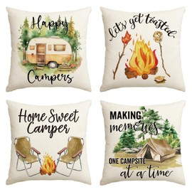 AVOIN colorlife Happy Campers Let's Get Together Throw Pillow Covers 18x18 Inch Set of 4, Camper Saying Campfire Decoration for Sofa Couch