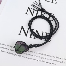 Anjiucc Natural Raw Gemstone Crystal Pendant Necklace Stone Holder Necklace Cord Hand-Woven Necklace with Adjustable Length for Women Men(Fluorite 2)