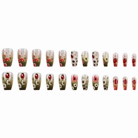 MERVF Coffin Press on Nails Long Fake Nails Green Ombre French Tip Glue on Nails Flower Grass Press ons Spring Design Acrylic Ballerina False Nails for Women Glossy 24pcs