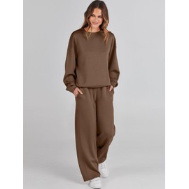 Caracilia Women's 2 Piece Outfits Sweatsuit Fall Crewneck Sweatshirts Wide Leg Pants Lounge Matching Sweat Sets Tracksuit Brown Large