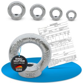 PinPro Ring Nuts According to DIN 582 with Load Capacity up to 340 kg | Various Sizes Available | Quantity and Value Pack | C15E Steel Forged and Galvanised | Metric Thread (4 x M8, WLL: 140 kg)