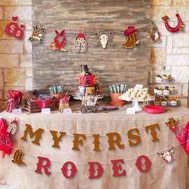 Jollyboom My First Rodeo Banner for Boys, Western Cowboy 1st Birthday Decoration Banner Red for Wild West Cowboy 1st Birthday Party