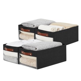 Roobyl Medium Storage Baskets with Clear Window, See Through Closet Organizer with PU Handles, Linen Foldable Storage Bins for Organizing Clothes, Toys, Books (Black)