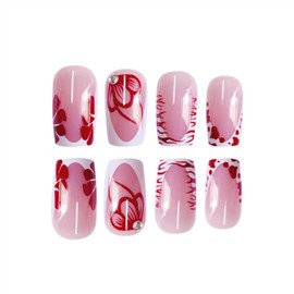 Short Press on Nails Square Fake Nails French False Nails White Artificial Nails with Red Flowers Designs Cute Stick on Nails for Women 24pcs