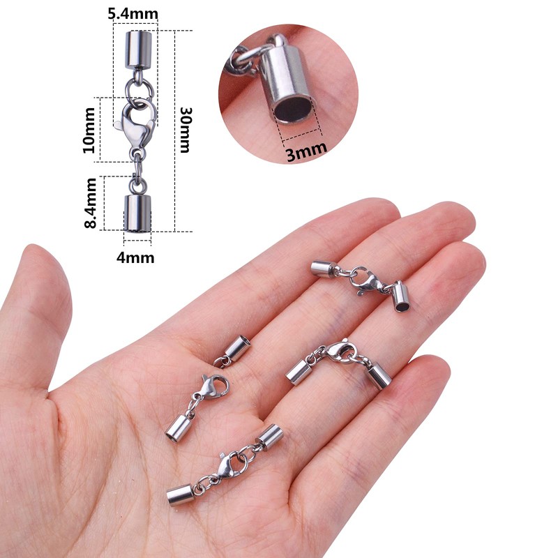 20pcs Stainless Steel Leather Cord Ends with Lobster Clasp Connector