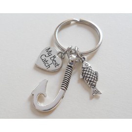 Hook Charm Keychain with Small Fish Charm & My Best Catch Engraved Heart Charm, Couples Keychain