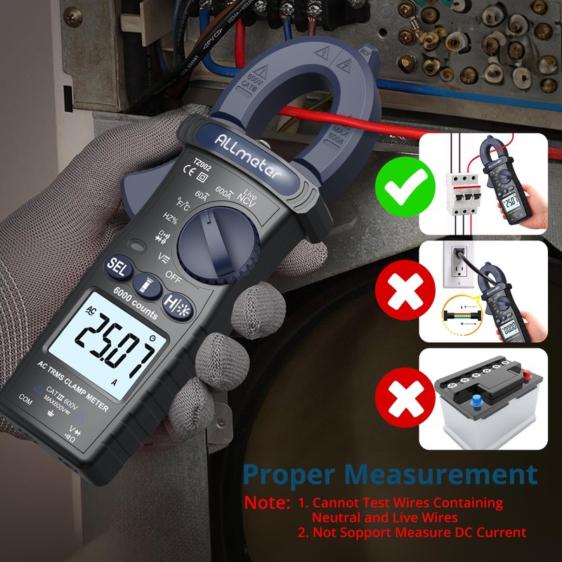 ALLmeter 600A TRMS Digital Clamp Meter with 6000 Counts,Auto Ranging,AC