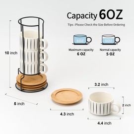 LUKA 6 Ounce Porcelain Stackable Espresso Cups with Saucers and Metal Stand Set of 4, Ceramic Cappuccino Cups Set for Specialty Coffee Drinks, Latte, Cafe Mocha and Tea, Stripes, White