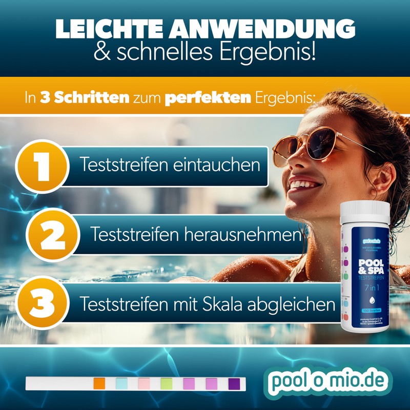 poolomio Pool Test Strips 7-in-1, Pack of 150 | Pool