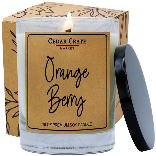 Cedar Crate Market - Orange Berry Candles for Home - Scented Soy Wax Candles Gifts for Women and Men, Aromatherapy Candles Infused with Essential Oils - 13.5 oz Clear Jar, 50+ Hour - Made in The USA