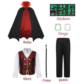 Velmawig VL005-M Children's Vampire Costume Boys Gothic Royal Medieval Gothic Cosplay Outfit for Carnival Birthday Party with Deluxe Accessories Vampire Cane Glow in the Dark Sticker Teeth