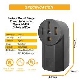EDYCARX Nema 14-50 Outlet Industrial Grade 50 Amp Receptacle Surface Mount Receptacle for EV RV Oven Range and Stove Outlet, 3-Pole 4-Wire, Black (Nema 14-50r)
