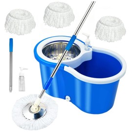 Spin Mop Bucket with Wringer Set, Operable 360 ° Rotating Mop Bucket Set, with 3 Microfiber Replacement Head ,Stainless Steel Mop Bucket 61 Inch Adjustable Handle Household Cleaning Tools Black Plastic:_Blue