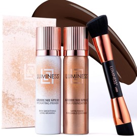 LUMINESS Airbrush Spray Silk Foundation Starter Kit - Rich - Foundation, Primer & Dual-Sided Angled Buffing Brush - Medium, Buildable Coverage, Anti-Aging Formula Hydrates & Moisturizes