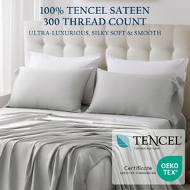 Luxe Linen 100% Lenzing Tencel Lyocell Twin Size Bed Sheet Set, 3 Piece Solid Light Grey Cooling Bed Sheet Set, Silky Soft & Luxury, 1 Deep Pocket Fitted Sheet & 1 Flat Sheet & 1 Pillowcase