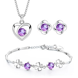 Josfeva Jewellery Set Women's 925 Silver Heart Necklace & Clover Bracelet & Clover Stud Earrings Set with 5A White Zirconia / Blue Zirconia, 45 cm Love Necklace Women's Earrings Silver Bracelet Women,