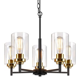 5-Light Chandelier for Dinning Room Kitchen Island Modern Farmhouse Pendant Lighting with Clear Glass Shades Industrial Black Hanging Ceiling Light Fixture for Foyer Living Room, Height Adjustable