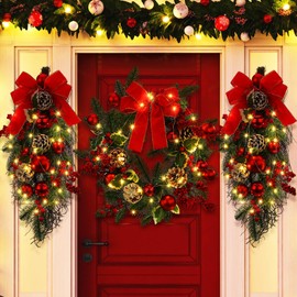 Meooeck 3 Pcs Christmas Pre Lit Wreath and Swag with Lights Artificial 24in Christmas Garland for Front Door Outdoor Indoor Home Party Decoration with Bow Pine Cones Berries Battery Operated(Red)