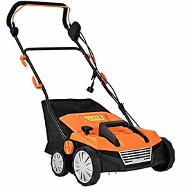 Orange 15" 13Amp 2-in-1 Function Corded Electric Scarifier Lawn Dethatcher Walk-Behind Lawn Mowers Electric Weeder with 50L Collection Bag 2 Blades 4 Adjustable Position Foldable Design