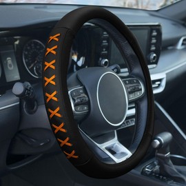TLH Universal Orange 15 Inch Genuine Leather Steering Wheel Cover with Lace-Up Detailing