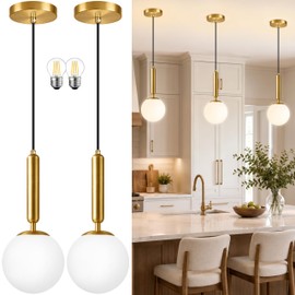 Mccokaige 6" Gold Modern Globe Pendant Light 2 Pack Mid Century Pendant Lights with Milky White Glass Hanging Light Fixture for Kitchen Island Dining Room Bedroom Living Room Entryway(Bulbs Incl.)