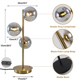 Fulesi Mid Century Globe Table Lamp Modern 3 Lights Gold Brass Desk Lamp Contemporary Smoky Grey Glass Globe Bedside Lamp for Bedroom Living Room Study Room