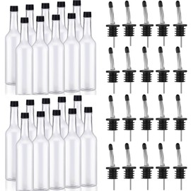 Jingmore 20 Set 15 oz Plastic Long Neck Bottles with Pourer and Caps Empty Clear Juice Liquor Pour Bottles with Stainless Steel Pourer Tapered Spout for Drinks Bar Juice Pour