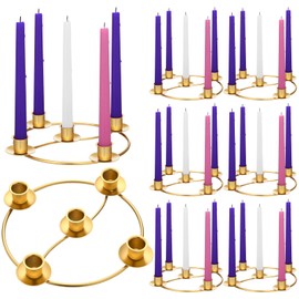 Sliner 8 Pcs Christmas Advent Wreath Ring 5 Candle Holder Gold Round Shape Advent Ring Candle Holder Metal Table Decoration for Taper Xmas Festival Home Centerpiece Decor