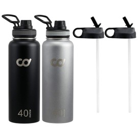CyclingDeal 2 x Stainless Steel Vacuum Insulated Double Wall Straw Water Bottles 40oz (1183m) Black + Gray