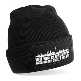 Knitted Beanie Hat with Saying | Ich bin Clubberer also bin ich cooler als du! | Choice of Colours | Soft and Warm Football Hat for Nuremberg Fan | Skyline | SoftTouch One Size for Adults, black