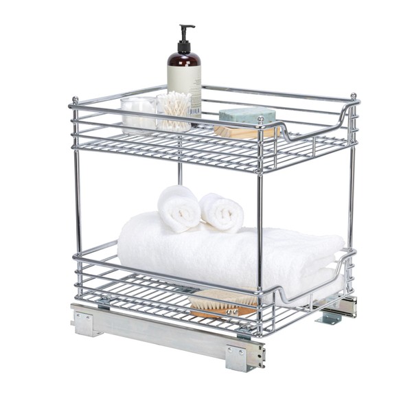 Household Essentials Glidez Multipurpose Chrome-Plated Steel Pull-Out/Slide-Out Storage Organizer for Under Cabinet Use - 2-Tier Design - Fits Standard Size Cabinet or Shelf, Chrome