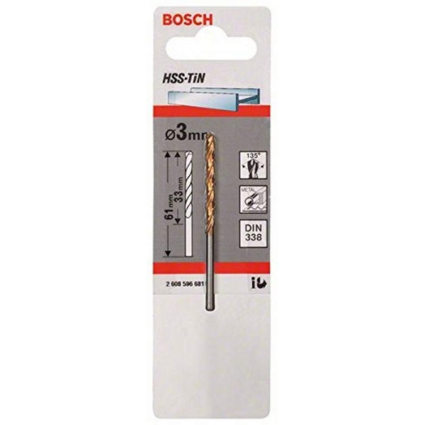 Bosch Accessories 2608596681 DIN338 Metal HSS-Tin Drill Bit, 3.0mm x 33mm x 61mm, Silver