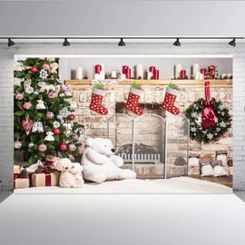 Aisnyho Christmas Backdrop Sock Gifts Tree Xmas Fireplace Backdrop Background for Photography Family Party Decorations New Year Picture Banner (7x5FT)