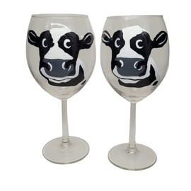 Dairy Cow Hand Painted Stemmed Wine Glasses Set of 2