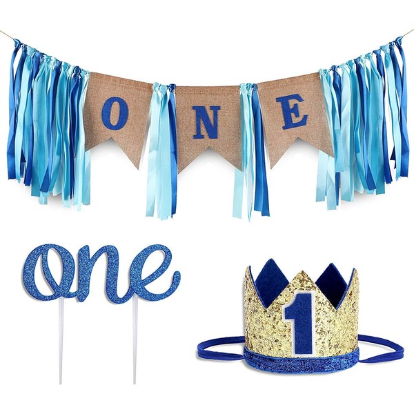 Baby 1st Birthday Boy Decorations WITH Crown - Baby Boy First Birthday Decorations High Chair Banner - Cake Smash Party Supplies - Happy Birthday ONE Burlap Banner, No.1 Gold and Blue Crown