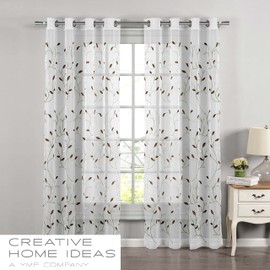 Creative Home Ideas Wavy Leaves, Embroidered Sheer Curtains, Includes 1 Leaf Curtain Panel - Window Drapes with Metal Grommets, 54" x 96", Sheer Vine White Curtain with Sage Leaves