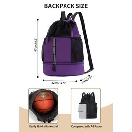 U.helper Waterproof Gym Drawstring Backpack, Sports Sack with Shoes Compartment & Wet Pockets for Ball/Beach/Swim Training, Purple, Large, Sports Drawstring Backpack