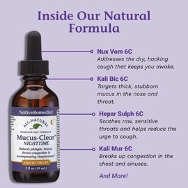 Native Remedies Mucus-Clear Nighttime - Natural Sleep & Mucus Relief - Clears Nighttime Phlegm, Congestion & Coughing for Better Rest - Homeopathic Respiratory Support - 2 fl oz