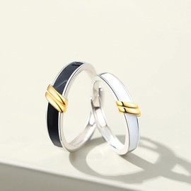 MIKAMU Pair Ring 925 Sterling Silver Jewelry Women's Ring White Men's Ring Black One Size Fits Most Wedding Engagement Ring for Friends and Lovers Gift