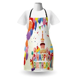 Ambesonne Birthday Apron, Heart Shaped Funny Balloons Cupcakes Candies Presents and Party Hats Occasion, Unisex Kitchen Bib with Adjustable Neck for Cooking Gardening, Adult Size, Pastel Cream