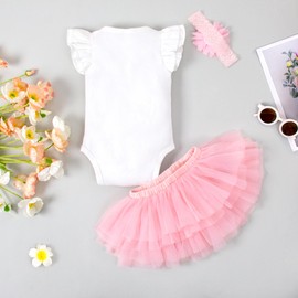LYSMuch - Conjunto de traje de bebé para niñas de 0 a 24 m, falda tutú con cubierta de pañales+body con volantes y diadema, Rosado, 12-18 Meses