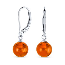Simple Round Basic Gemstone Honey Cognac Amber 8MM Bead Ball Drop Dangle Earrings For Women Teen Lever back .925 Sterling Silver