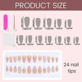 TESGADGETS 24 Pieces Elegant Pink and White Color Gradient Almond False Nail Tips Decorated with 3D Flower and Pearl Pattern Suitable for Daily and Party