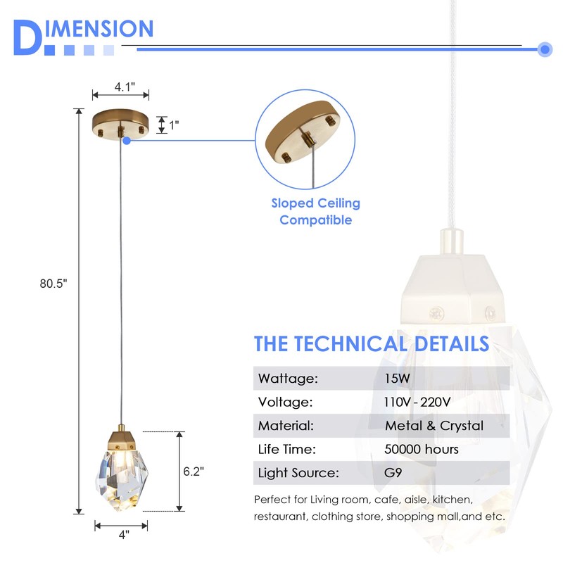 KOKAiZeeKi Diamond Crystal Pendant Light, 2 Pack Mini Ceiling Hanging