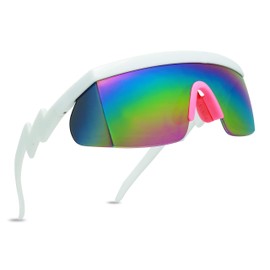ShadyVEU Semi Rimless Neon Rainbow Mirrored Lens Sports Performance Sunglasses White Half Frame ZigZag Arms Pink Nose Pads