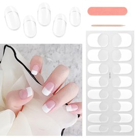Semi Cured Gel Nail Stickers Full Wrap Nail Polish Strips French Nail Tips Gel Nail Wraps Long-Lasting Semi Cured Gel Nail Strips Fit for Home, includes Nail File & Wood Stick(White French Tips) 16Pcs