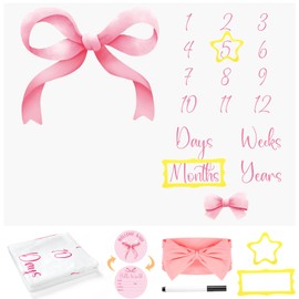 Preboun Baby Monthly Milestone Blankets for Baby Girls Newborn Baby Blankets Pink Coquette Bow Photography Background Fleece Growth Chart Blankets with Wooden Signs, Frames, Bow Headband 51x39 Inch