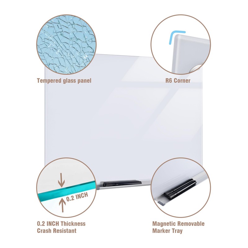 Mifuro Magnetic Glass Whiteboard，36"x24" Wall Mounted Frameless Dry Erase Board