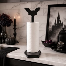 Bat Paper Towel Holder for Countertop Use - Gothic Wood Stand with Coffin Base for Kitchen & Halloween Décor