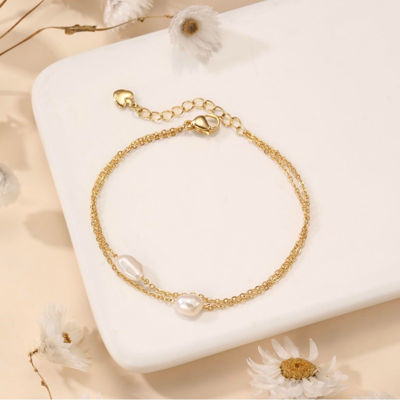 GINAZL Pearl Bracelet, Dainty 14K Gold Plated Pearl Bracelet Trendy